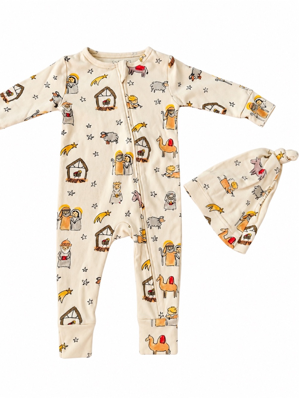 Holy Pals 3-6 Months Nativity Zip Romper + Knot Hat Christmas